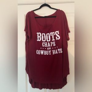 3x Maroon shirt that says “Boots Chaps, and Cowboys Hats”